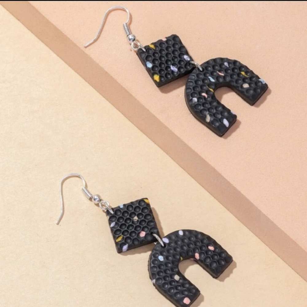Black Confetti Polymer Clay U-Shaped Earrings